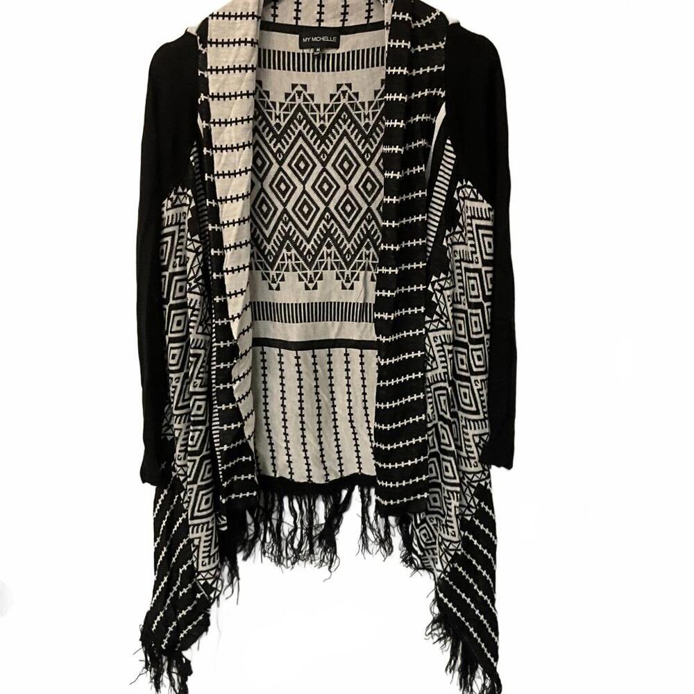 Open Front Fringe Trim Tunic Sweater M